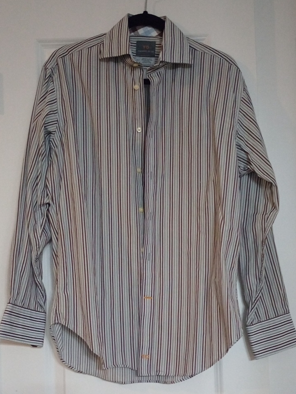 Thomas Dean White Dress Shirt with Blue and Brown Stripes Size S